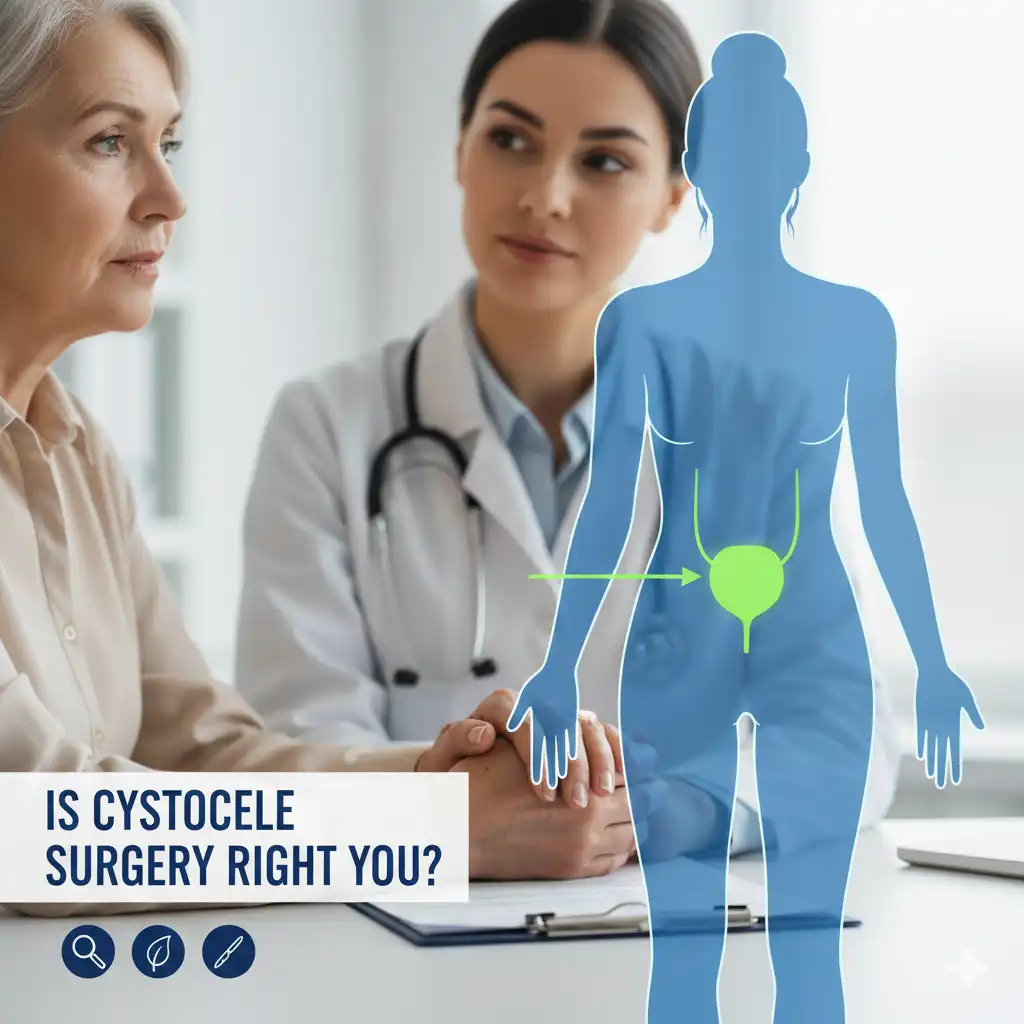A healthcare professional in a white coat holds an older woman's hand in a supportive consultation. An overlay graphic shows a blue female silhouette with a green diagram highlighting the bladder area, accompanied by the text "Is cystocele surgery right you?"