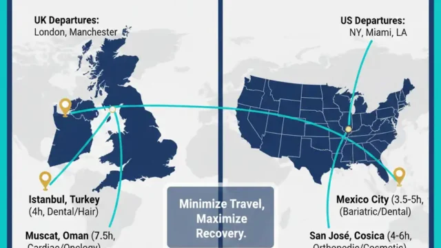 An infographic titled "Direct Flight Guide: Top Medical Hubs with the Shortest Travel Times from UK/US." It features maps of the UK and US with flight paths to major medical destinations. UK departures (London, Manchester) point to Istanbul, Turkey (4h, Dental/Hair) and Muscat, Oman (7.5h, Cardiac/Oncology). US departures (NY, Miami, LA) point to Mexico City (3.5-5h, Bariatric/Dental) and San José, Costa Rica (4-6h, Orthopedic/Cosmetic). The tagline reads "Minimize Travel, Maximize Recovery."