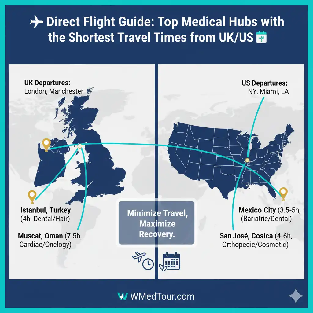 An infographic titled "Direct Flight Guide: Top Medical Hubs with the Shortest Travel Times from UK/US." It features maps of the UK and US with flight paths to major medical destinations. UK departures (London, Manchester) point to Istanbul, Turkey (4h, Dental/Hair) and Muscat, Oman (7.5h, Cardiac/Oncology). US departures (NY, Miami, LA) point to Mexico City (3.5-5h, Bariatric/Dental) and San José, Costa Rica (4-6h, Orthopedic/Cosmetic). The tagline reads "Minimize Travel, Maximize Recovery."