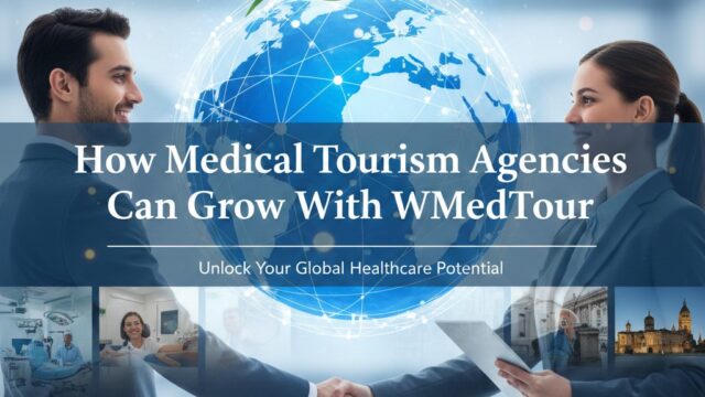 A diverse team of medical tourism professionals shaking hands in front of a digital globe, symbolizing international healthcare growth and WMedTour's global network.