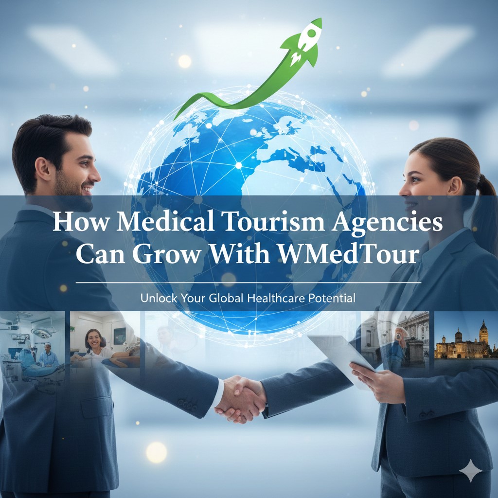 A diverse team of medical tourism professionals shaking hands in front of a digital globe, symbolizing international healthcare growth and WMedTour's global network.