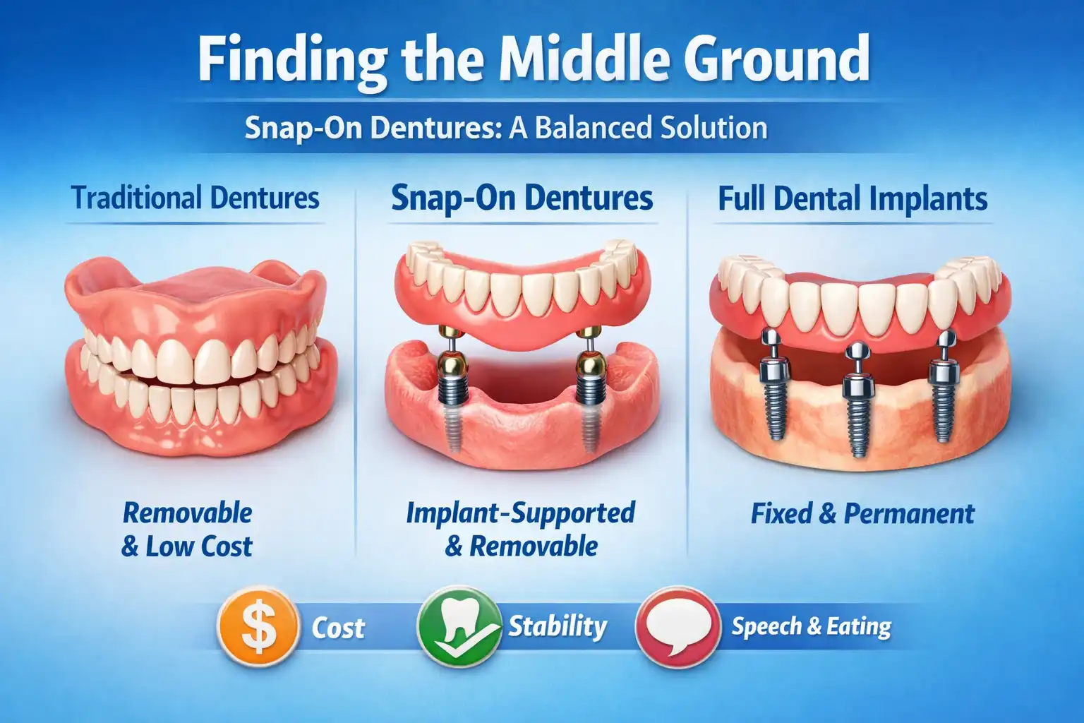 A comparative infographic titled "Finding the Middle Ground" showing three dental options: Traditional Dentures (removable and low cost), Snap-On Dentures (implant-supported and removable), and Full Dental Implants (fixed and permanent). The graphic uses 3D models of teeth and gums to illustrate how each type attaches to the jaw, highlighting a scale of cost, stability, and speech/eating ease.
