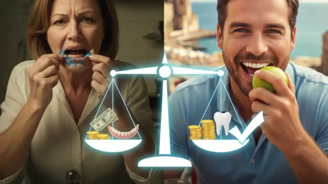 A detailed infographic comparing a dental implant and a traditional denture, showing the cost-benefit analysis over a 10-year period for medical tourists.