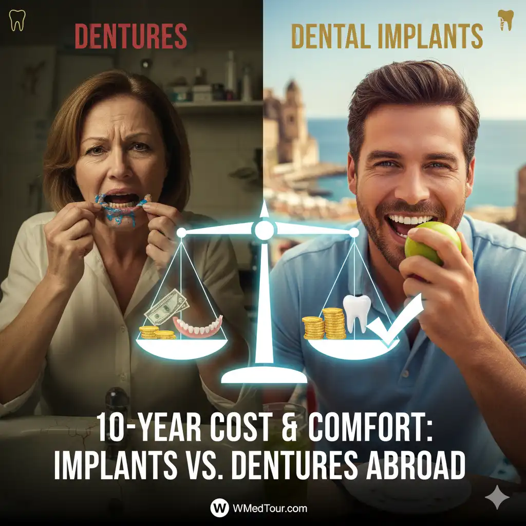 A detailed infographic comparing a dental implant and a traditional denture, showing the cost-benefit analysis over a 10-year period for medical tourists.