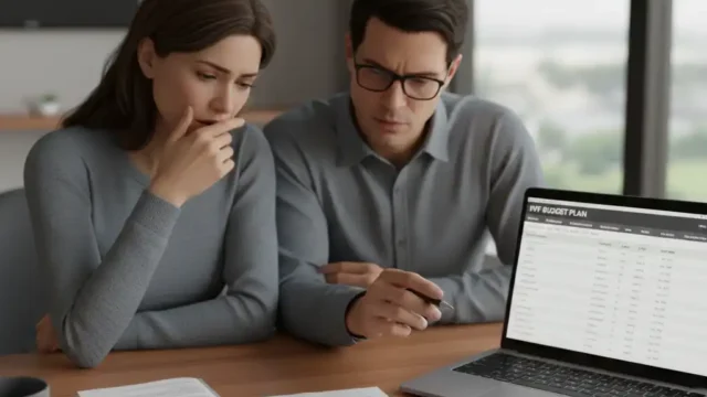 A realistic clinical receipt titled "IVF Treatment Package" showing a list of expenses including medication and embryo storage, placed on a desk next to a smartphone and pen.