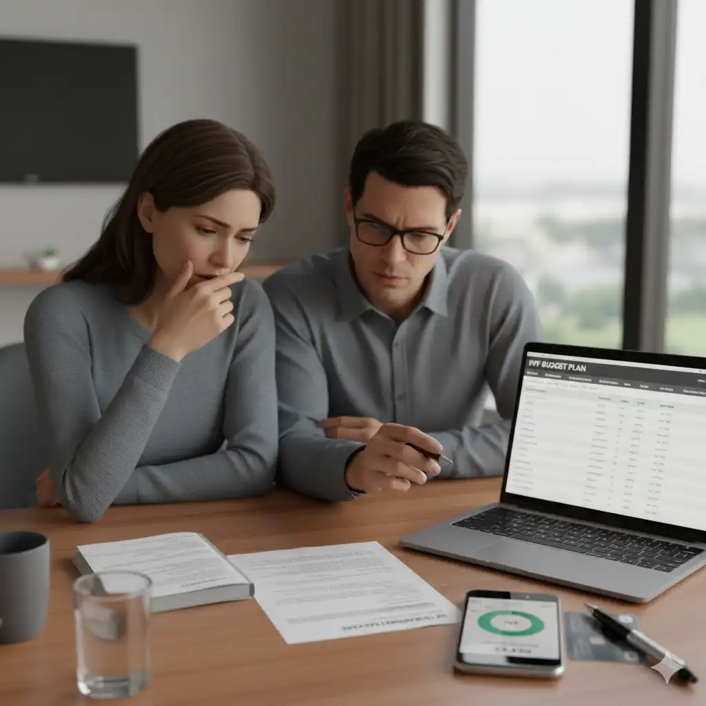 A realistic clinical receipt titled "IVF Treatment Package" showing a list of expenses including medication and embryo storage, placed on a desk next to a smartphone and pen.
