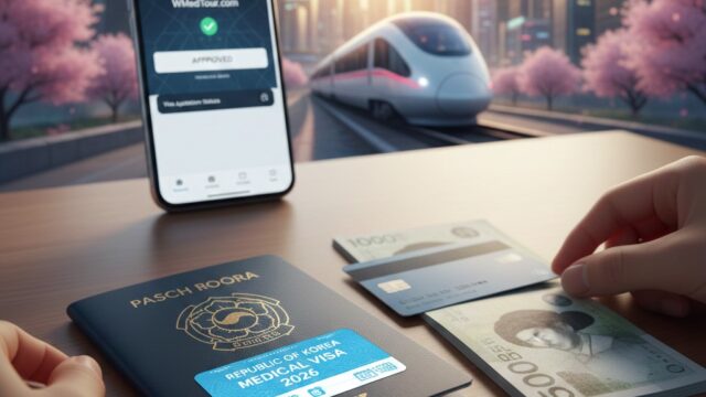 An artistic 3D illustration showing a passport with a "Republic of Korea Medical Visa 2026" sticker, a smartphone displaying an approved status on a medical tour website, South Korean Won currency, and a credit card. In the background, a high-speed train travels through a modern city lined with cherry blossoms at sunset.