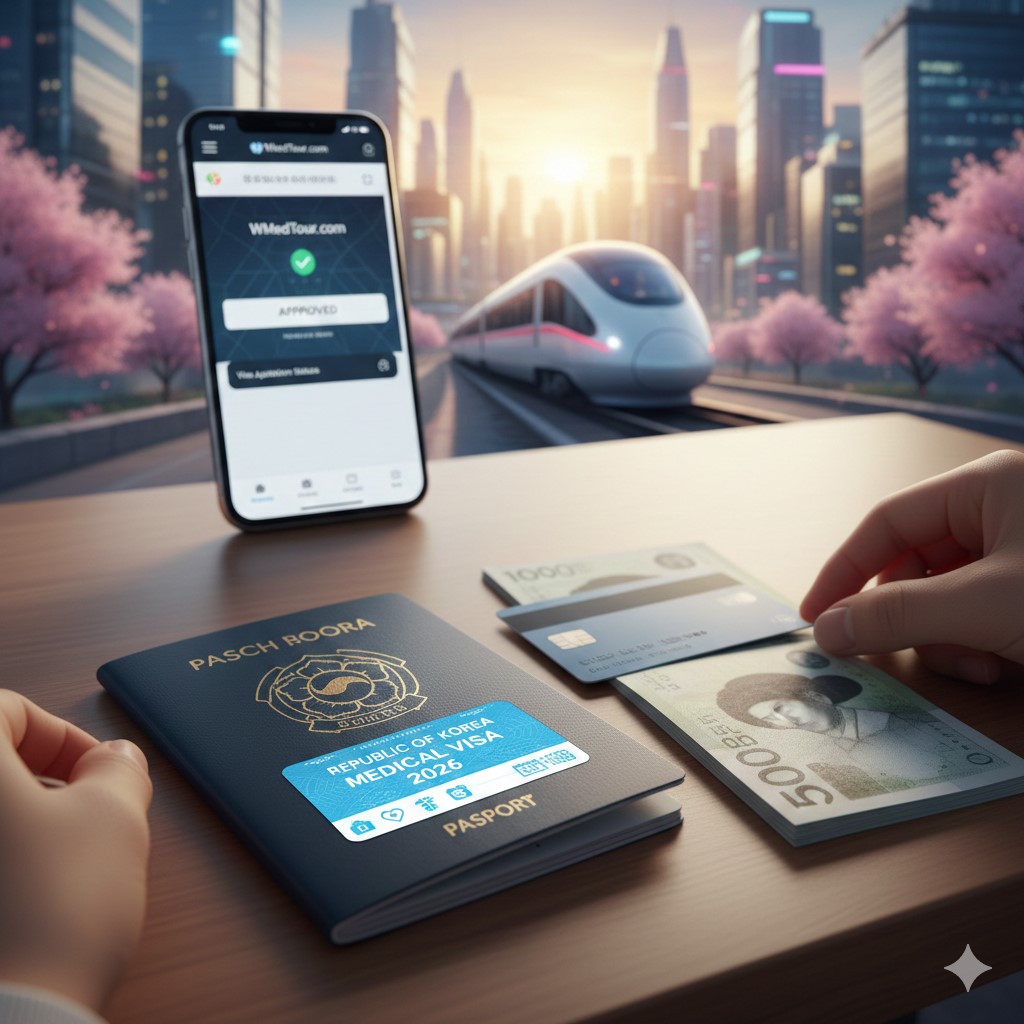 An artistic 3D illustration showing a passport with a "Republic of Korea Medical Visa 2026" sticker, a smartphone displaying an approved status on a medical tour website, South Korean Won currency, and a credit card. In the background, a high-speed train travels through a modern city lined with cherry blossoms at sunset.