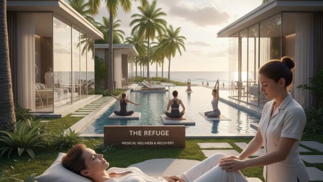 A high-end recovery resort featuring a patient receiving leg physical therapy on a lounge chair, with a background of floating yoga mats in a pool and modern glass villas at sunset.