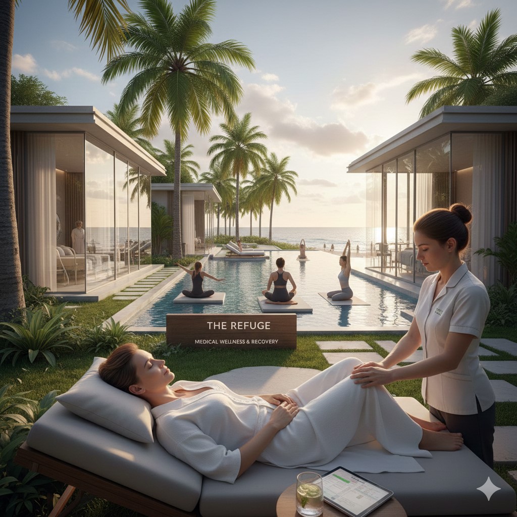 A high-end recovery resort featuring a patient receiving leg physical therapy on a lounge chair, with a background of floating yoga mats in a pool and modern glass villas at sunset.