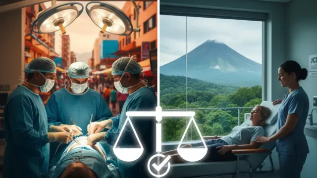 A high-quality comparison image featuring the flags of Mexico and Costa Rica alongside a professional medical setting, symbolizing the choice between both destinations for safe bariatric surgery.