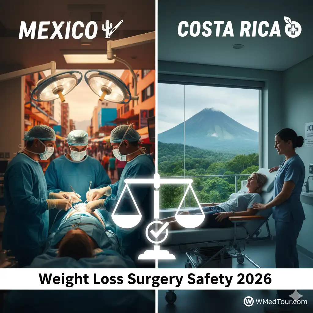 A high-quality comparison image featuring the flags of Mexico and Costa Rica alongside a professional medical setting, symbolizing the choice between both destinations for safe bariatric surgery.