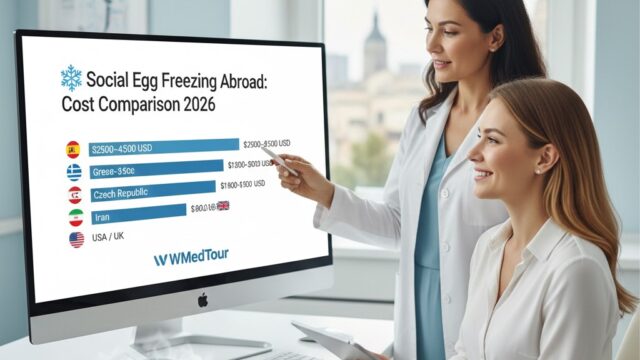 Infographic comparing social egg freezing costs in 2026 across Spain, Greece, Iran, and Czech Republic showing global fertility tourism savings.