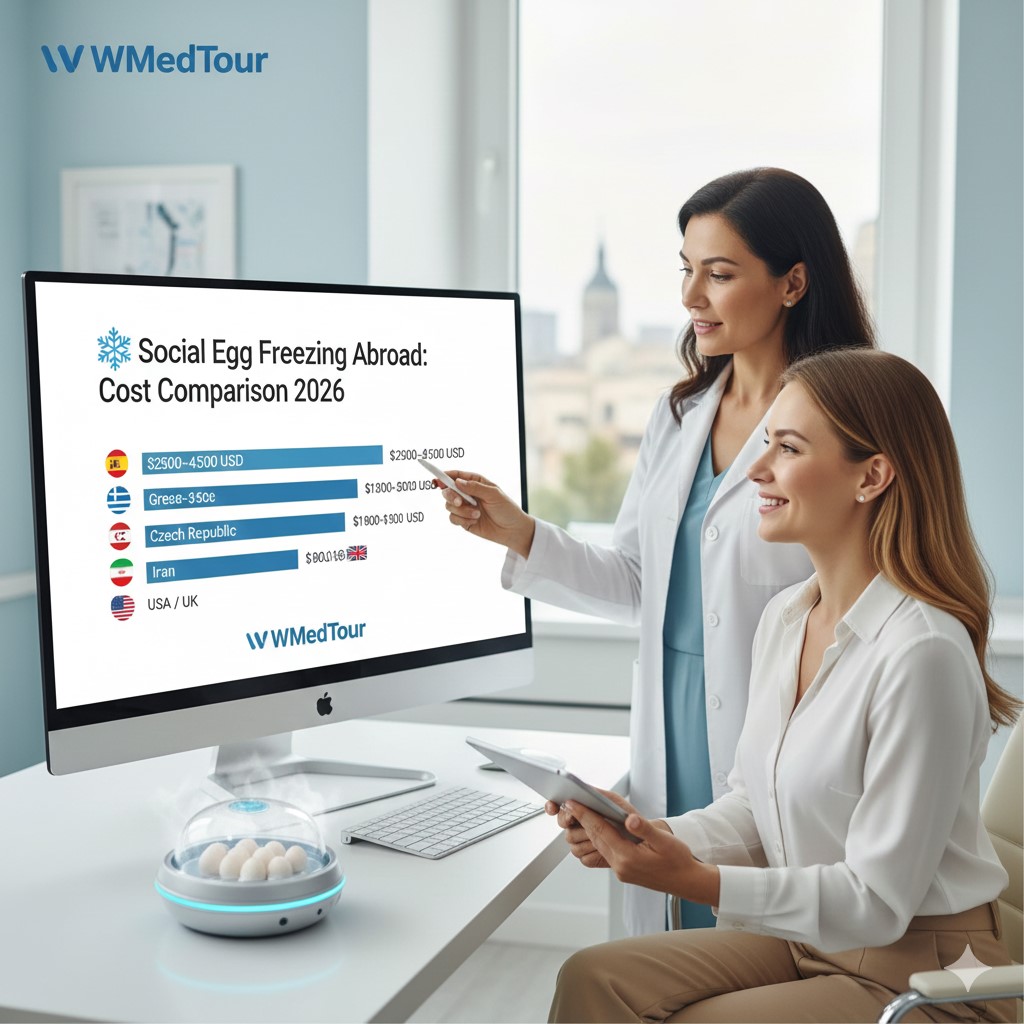 Infographic comparing social egg freezing costs in 2026 across Spain, Greece, Iran, and Czech Republic showing global fertility tourism savings.