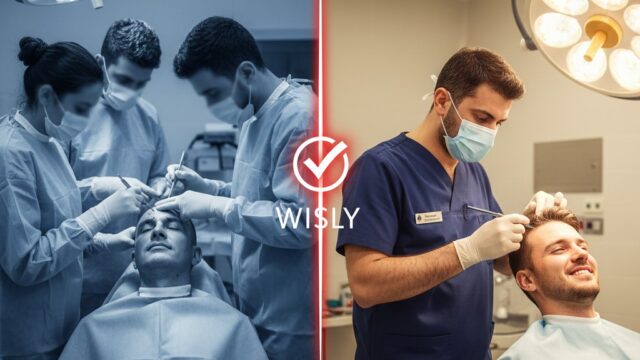 A conceptual split image illustrating a professional medical consultation for a hair transplant in Turkey compared to a crowded, low-quality hair mill environment, highlighting safety risks.