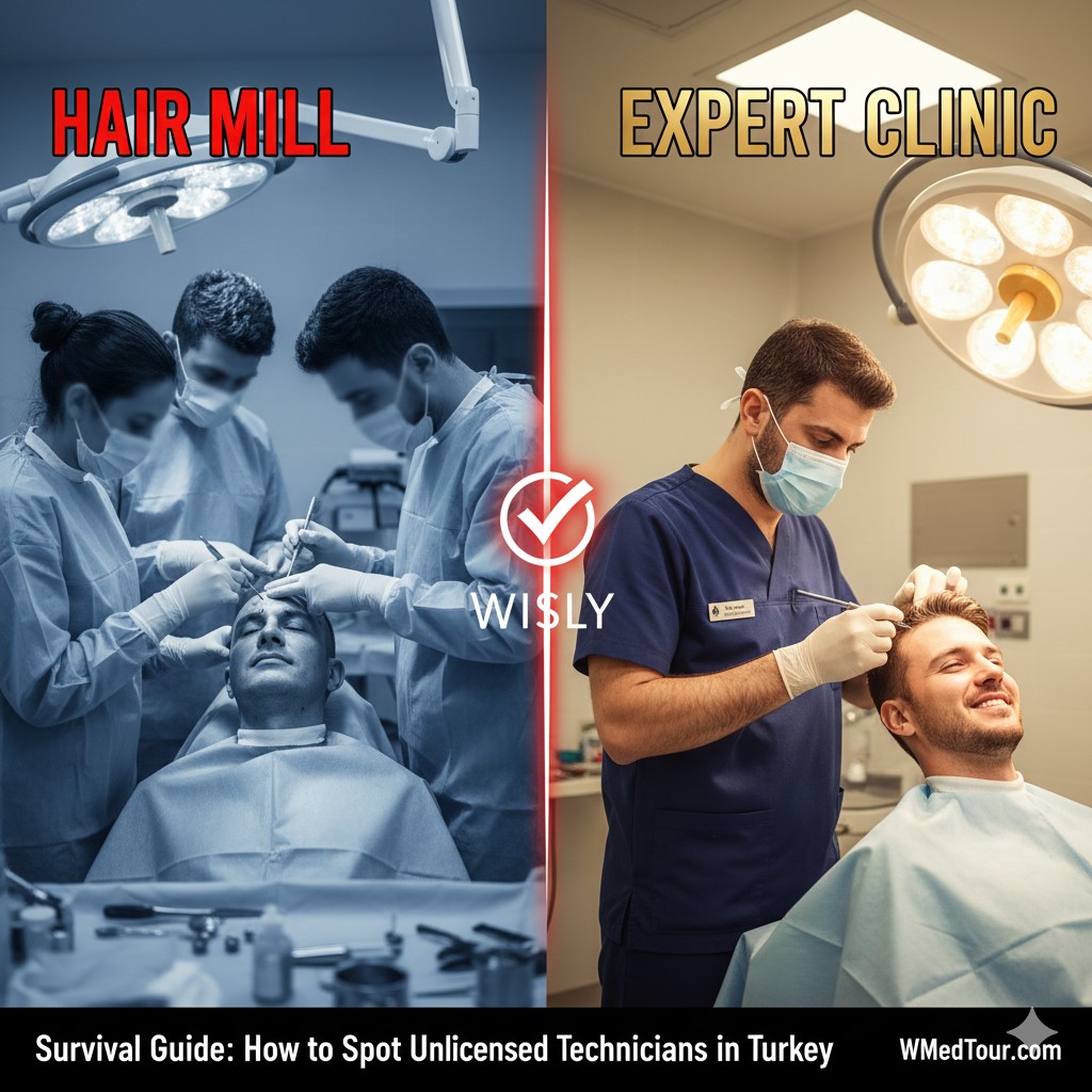 A conceptual split image illustrating a professional medical consultation for a hair transplant in Turkey compared to a crowded, low-quality hair mill environment, highlighting safety risks.