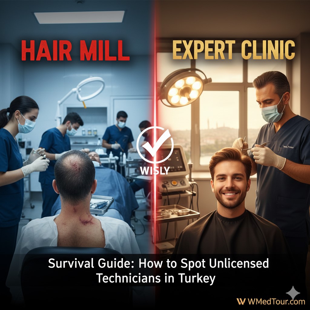 A conceptual image showing a patient researching a hair transplant clinic in Turkey, highlighting the difference between a professional surgical environment and a crowded, low-quality hair mill.