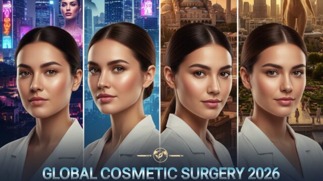 A split-screen montage showcasing modern medical clinics in Seoul, the historic skyline of Istanbul, and a patient consultation for rhinoplasty in Iran, representing global cosmetic surgery hotspots in 2026.