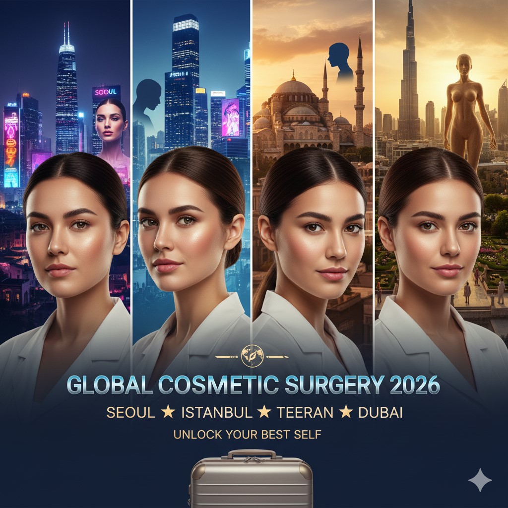 A split-screen montage showcasing modern medical clinics in Seoul, the historic skyline of Istanbul, and a patient consultation for rhinoplasty in Iran, representing global cosmetic surgery hotspots in 2026.