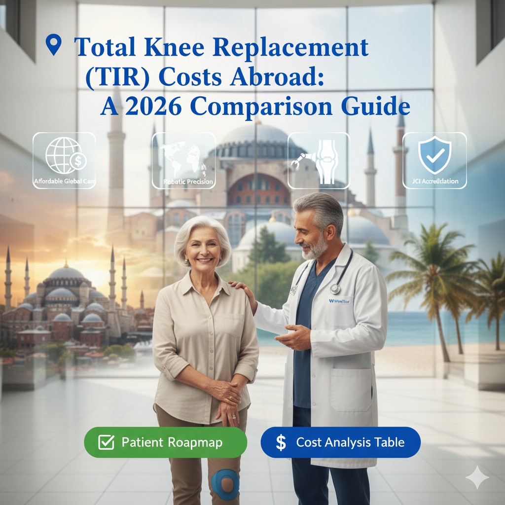 A digital graphic titled "Total Knee Replacement (TIR) Costs Abroad: A 2026 Comparison Guide." It features a smiling senior woman with a knee brace and a male doctor in a white coat standing in a modern glass hall. The background shows the Hagia Sophia and a beach, with icons for "Robotic Precision" and "JCI Accreditation."