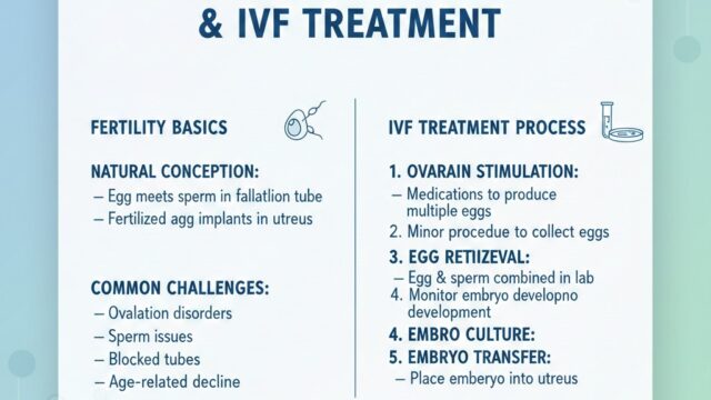 An educational infographic titled "Understanding Fertility & IVF Treatment." The left side explains fertility basics, noting that natural conception occurs in the fallopian tube and listing challenges like ovulation disorders and age-related decline. The right side outlines the 5-step IVF process: Ovarian Stimulation, Egg Retrieval, Fertilization (Egg & Sperm combined), Embryo Culture, and Embryo Transfer into the uterus.