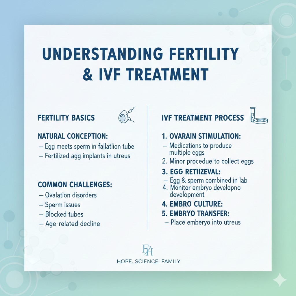 An educational infographic titled "Understanding Fertility & IVF Treatment." The left side explains fertility basics, noting that natural conception occurs in the fallopian tube and listing challenges like ovulation disorders and age-related decline. The right side outlines the 5-step IVF process: Ovarian Stimulation, Egg Retrieval, Fertilization (Egg & Sperm combined), Embryo Culture, and Embryo Transfer into the uterus.