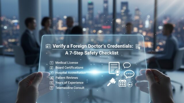 A first-person perspective holding a glowing, transparent digital tablet displaying a "7-Step Safety Checklist" for verifying a foreign doctor's credentials. The checklist points include Medical License, Board Certifications, and Hospital Accreditation. In the background, a blurred professional meeting takes place in a high-rise office overlooking a city skyline at dusk.