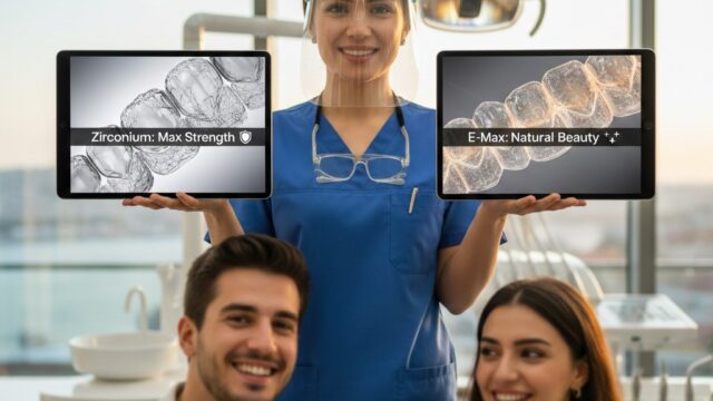 A professional Turkish female dentist holding two tablets showing a comparison between Zirconium Max Strength and E-Max Natural Beauty veneers for a smile makeover.