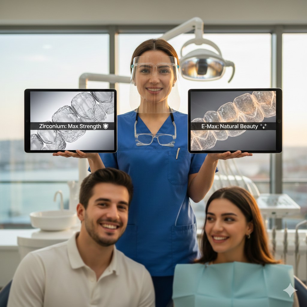A professional Turkish female dentist holding two tablets showing a comparison between Zirconium Max Strength and E-Max Natural Beauty veneers for a smile makeover.